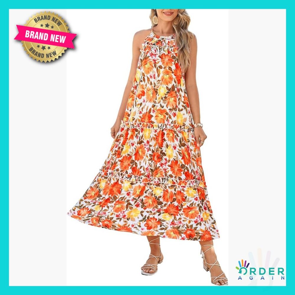 Boho Maxi Dress Flowy Halter Tiered Summer Casual Beach Vacation Outfit